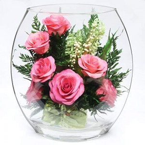 Fiora Flower | Long Lasting Roses in a Sealed Glass Vase | Fresh Cut Roses – Preserved Roses| Unique Present Gift (Flat Rugby Vase)
