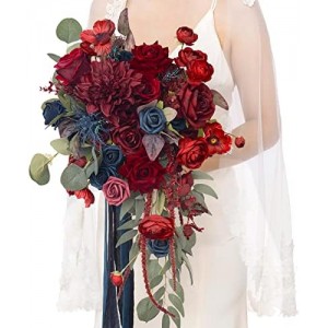 Ling's Moment 15 Inch Navy Blue & Burgundy Artificial Flowers Bridal Bouquet,Cascading Wedding Bouquets for Bride, for Wedding Ceremony and Anniversary