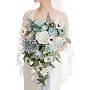 Ling's Moment 15 Inch Dusty Blue Artificial Bridal Bouquet, for Wedding Ceremony and Anniversary