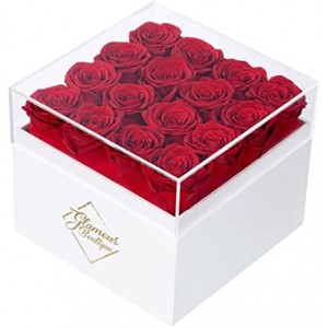 GLAMOUR BOUTIQUE Preserved Roses in a Box - Valentines Day Gifts for Her & Mom, 16-Piece Rose Flowers Decor for Birthday Gift, Cased in White Box with Acrylic Cover, 6.9