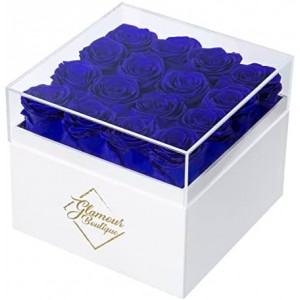 GLAMOUR BOUTIQUE Preserved Roses in a Box - Valentines Day Gifts for Her & Mom, 16-Piece Rose Flowers Decor for Birthday Gift, Cased in White Box with Acrylic Cover, 6.9